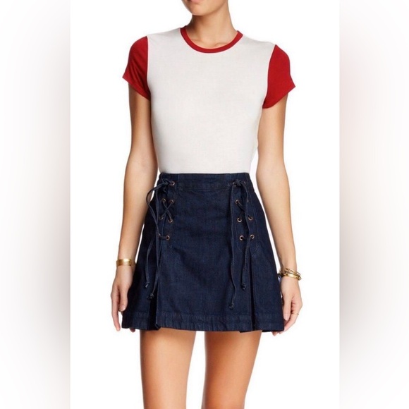 Free People Pleated Denim Mini Skirt Lace Up Size 4 - Picture 9 of 12